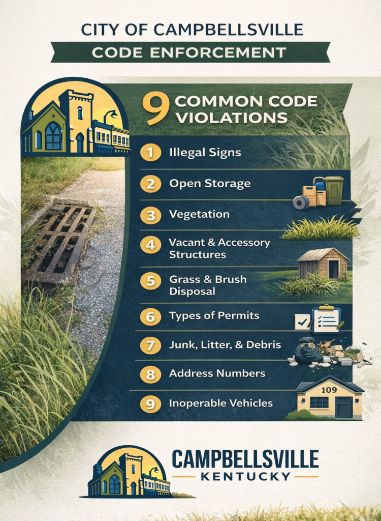 Infographic from the City of Campbellsville Code Enforcement listing nine common code violations, including illegal signs, open storage, vegetation overgrowth, vacant structures, improper brush disposal, permit requirements, junk and debris, address visibility, and inoperable vehicles.