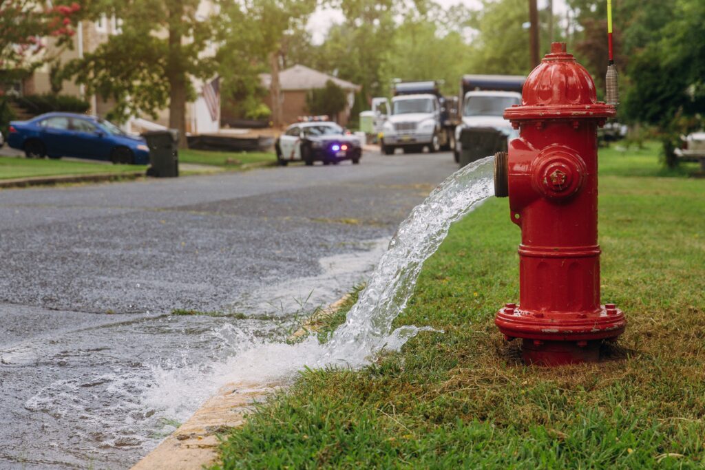 An open, bright red fire hydrant spews water onto green grass and a cracked asphalt street. The water flows towards a curb, appearing to flood the road. In the distance, a police car and other service vehicles sit on the road. Lush green trees overhang houses in the background.