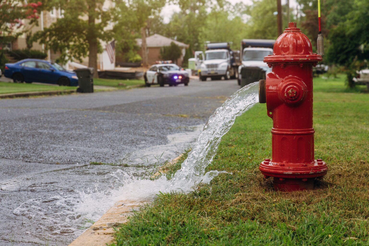 An open, bright red fire hydrant spews water onto green grass and a cracked asphalt street. The water flows towards a curb, appearing to flood the road. In the distance, a police car and other service vehicles sit on the road. Lush green trees overhang houses in the background.