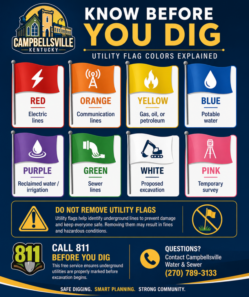 Infographic from the City of Campbellsville explaining utility flag colors, including red for electric, orange for communications, yellow for gas, blue for water, green for sewer, purple for irrigation, white for excavation, and pink for survey, with safety instructions to call 811 before digging and not remove flags.